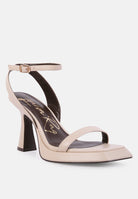 Elegant ankle strap kitten heel sandals in nude with a stylish square toe design for women