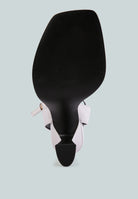 Bottom view of London Rag International ankle strap kitten heel sandals with a sleek black sole
