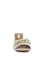 Rag Company women's ankle strap sandals mid heel in gold and cream