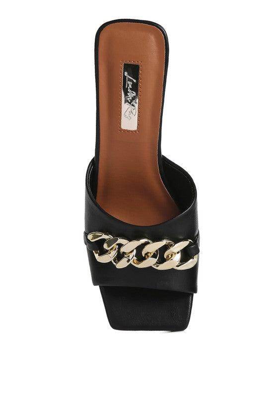 Rag Company women's black ankle strap sandals mid heel with gold chain detail