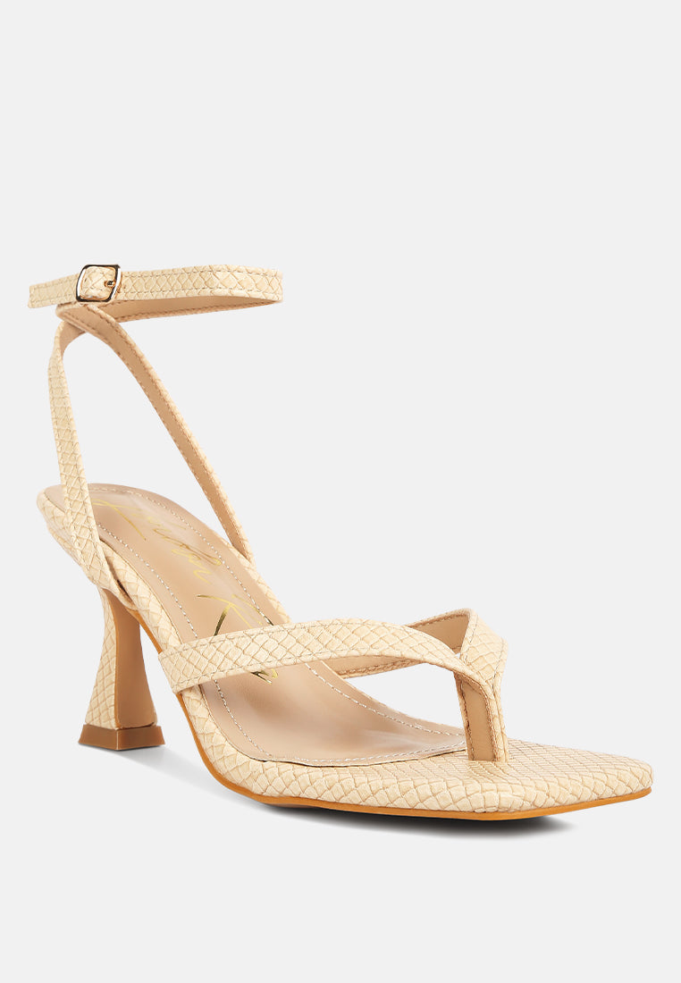 Beige London Rag ankle strap spool heel sandals with stylish crisscross design
