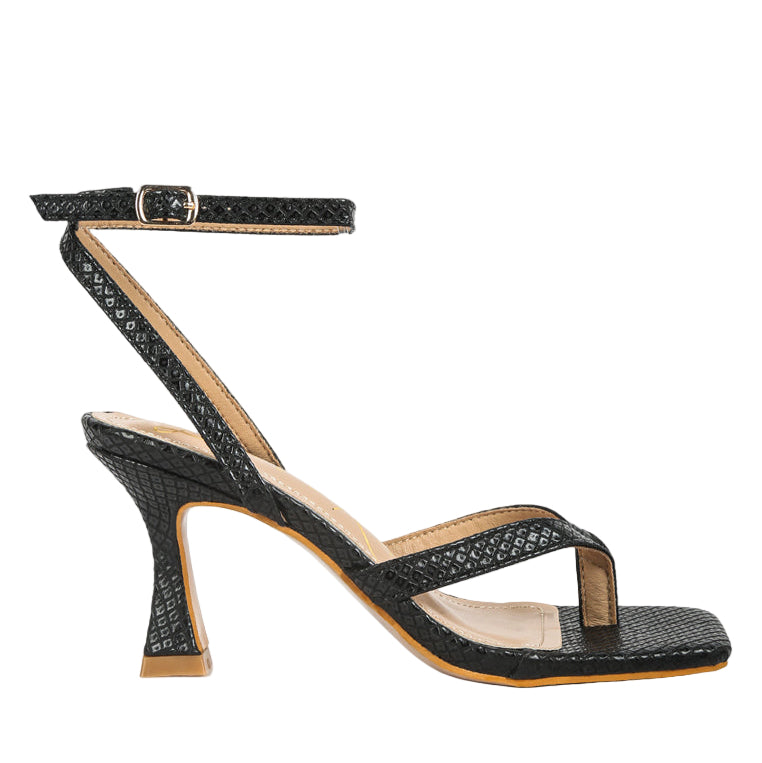London Rag International ankle strap spool heel sandals in black with textured design for stylish elegance