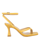 Stylish yellow ankle strap spool heel sandals with textured design for trendy women