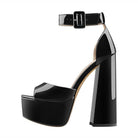 VacationGrabs black ankle strap square heel sandals with glossy finish and a stylish platform
