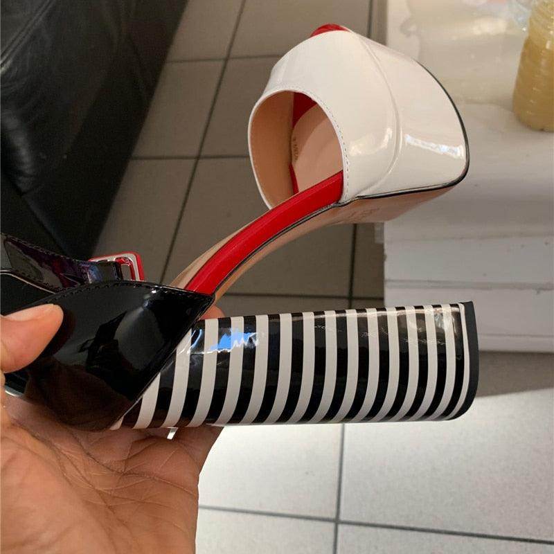 VacationGrabs Women's Heels with Ankle Strap Square Heel Design in Black, White and Red