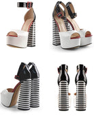 VacationGrabs Women's Heels with Ankle Strap Square Heel and Bold Black and White Striped Design