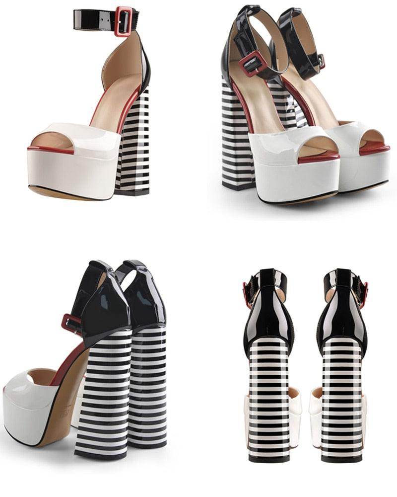 VacationGrabs Women's Heels with Ankle Strap Square Heel and Bold Black and White Striped Design