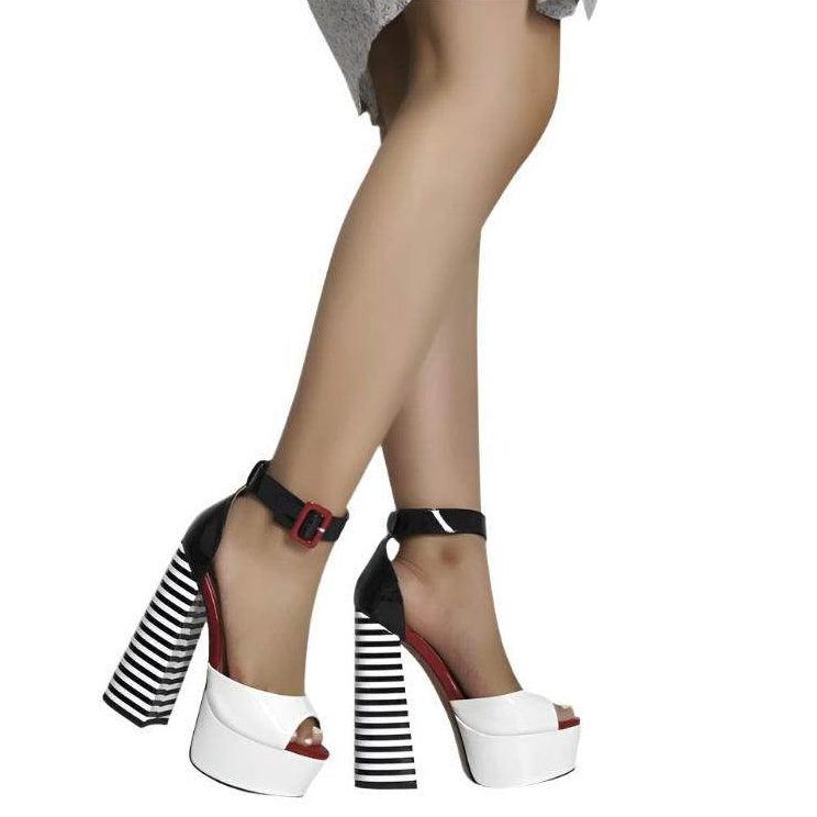 VacationGrabs Women's Heels with Ankle Strap Square Heel and Stylish Black and White Design