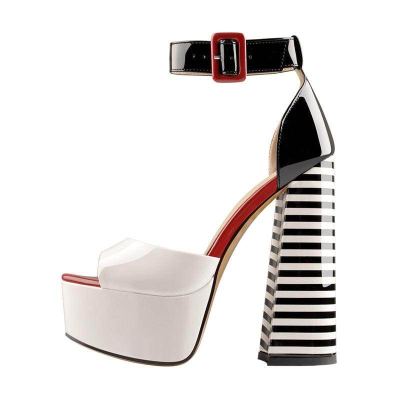 VacationGrabs Women's Ankle Strap Square Heel in Black and White with Striped Design