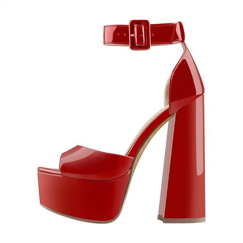 VacationGrabs Red Ankle Strap Square Heel Shoes with Platform for Stylish Occasions
