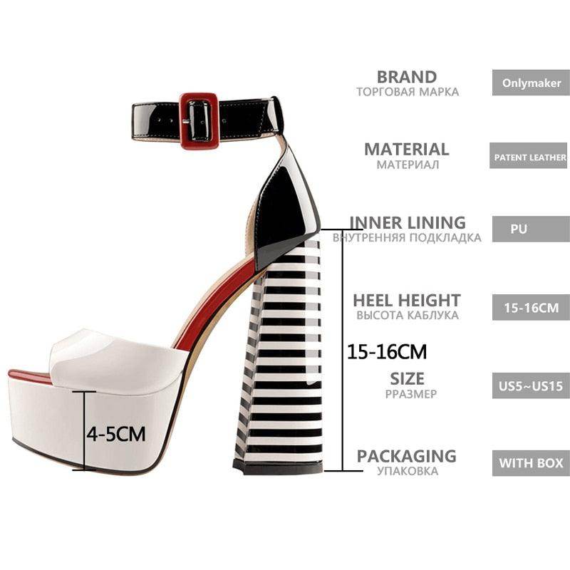 VacationGrabs Women's Ankle Strap Square Heel Shoes in Black and White with Striped Design