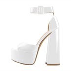 Stylish white ankle strap square heel for women with platform design for elevated comfort