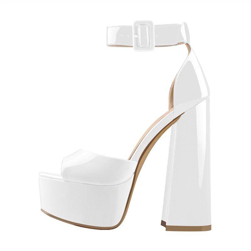 Stylish white ankle strap square heel for women with platform design for elevated comfort