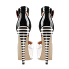 VacationGrabs Women's Ankle Strap Stilettos with Chic Black and White Striped Design
