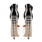 VacationGrabs Women's Ankle Strap Stilettos with Chic Black and White Striped Design