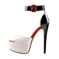 VacationGrabs ankle strap stilettos with a sleek patent finish and high platform design