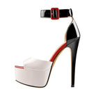 VacationGrabs ankle strap stilettos with a sleek patent finish and high platform design