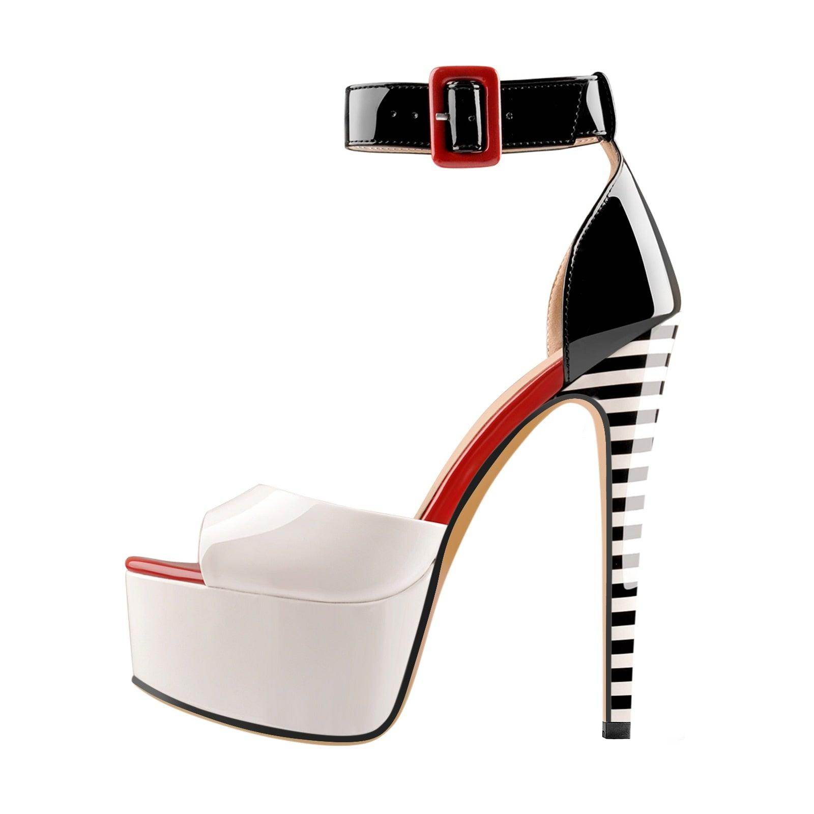 VacationGrabs ankle strap stilettos with a black and white striped heel and a bold platform design