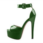 Green patent ankle strap stilettos with a platform heel for stylish women's footwear