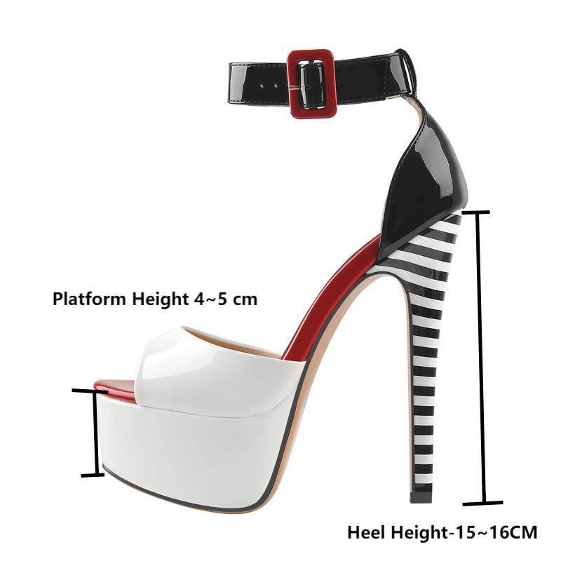 Black and white ankle strap stilettos with a platform height of 4-5 cm and a heel height of 15-16 cm