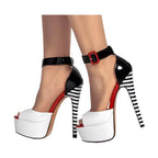 VacationGrabs ankle strap stilettos with a bold black and white design and high heels