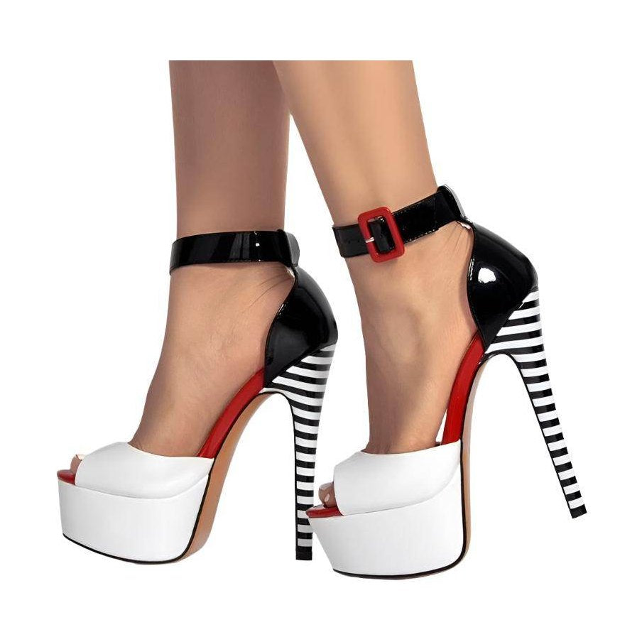 VacationGrabs ankle strap stilettos with a bold black and white design and high heels