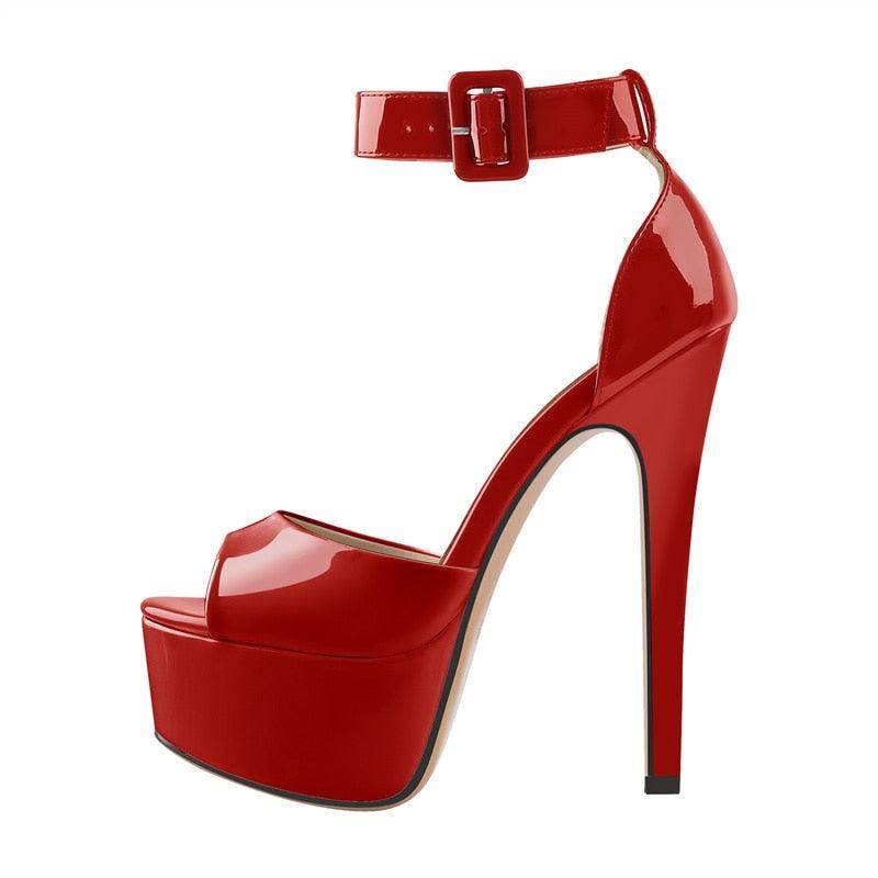 VacationGrabs red ankle strap stilettos with high platform and glossy finish for stylish evening wear
