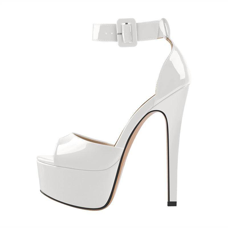 VacationGrabs Women's White Ankle Strap Stilettos with High Platform and Glossy Finish