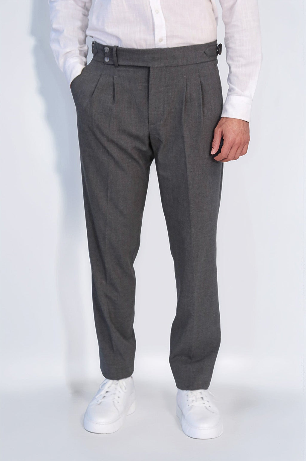 Anthracite Double-Pleated High-Waisted Slim Fit Trousers with Side Buckles – front view
