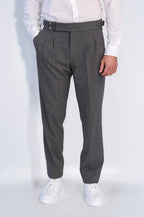 Anthracite Double-Pleated High-Waisted Slim Fit Trousers with Side Buckles – front view