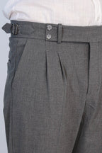 Anthracite Double-Pleated High-Waisted Slim Fit Trousers with Side Buckles – detail view