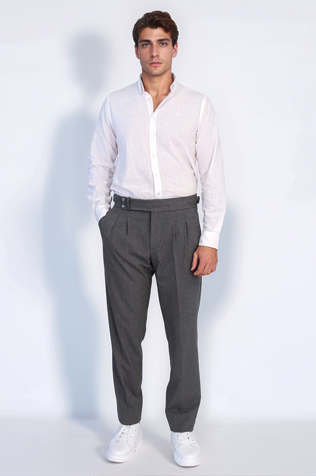 Anthracite Double-Pleated High-Waisted Slim Fit Trousers with Side Buckles – side view