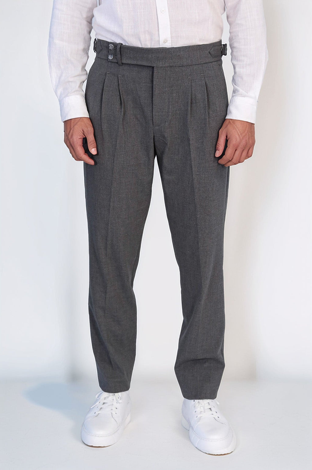 Anthracite Double-Pleated High-Waisted Slim Fit Trousers with Side Buckles – styled view