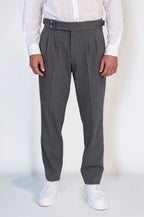 Anthracite Double-Pleated High-Waisted Slim Fit Trousers with Side Buckles – styled view