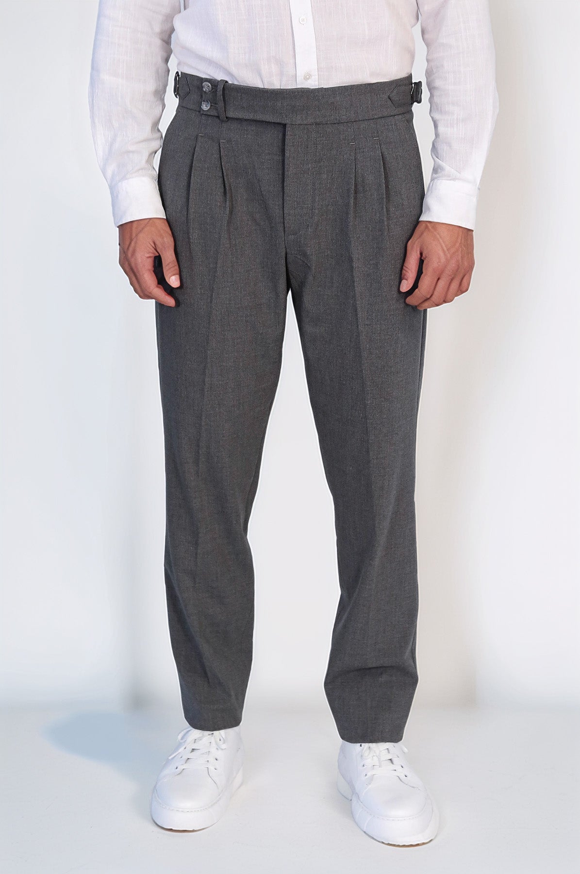 Anthracite Double-Pleated High-Waisted Slim Fit Trousers with Side Buckles – styled view