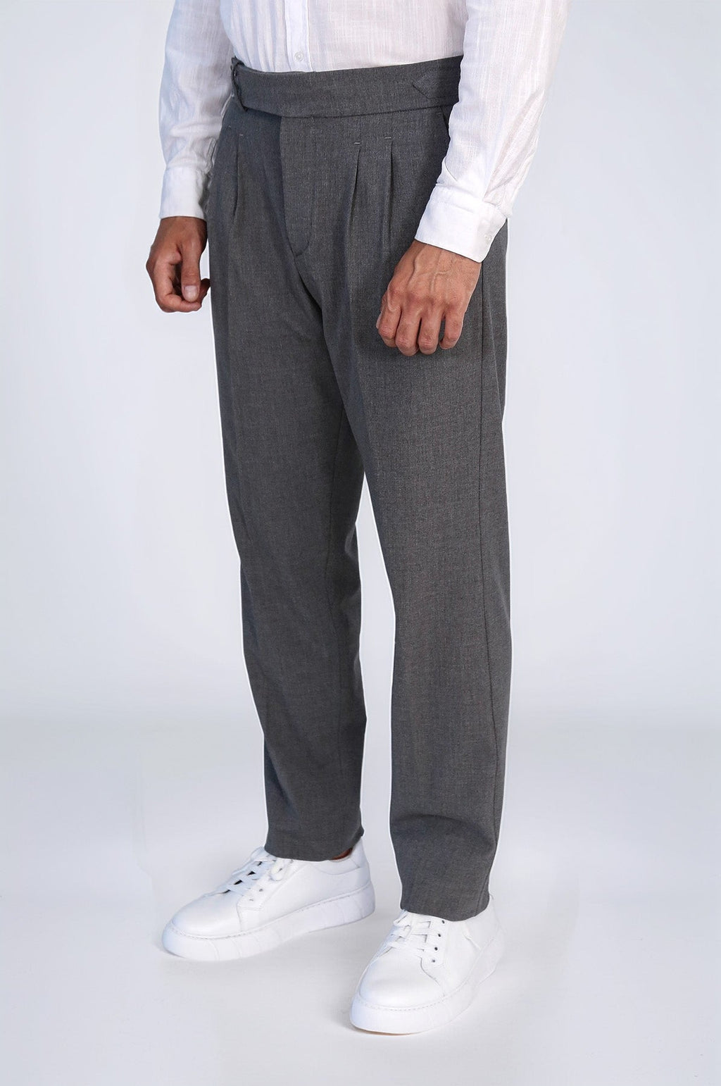 Anthracite Double-Pleated High-Waisted Slim Fit Trousers with Side Buckles – close up view