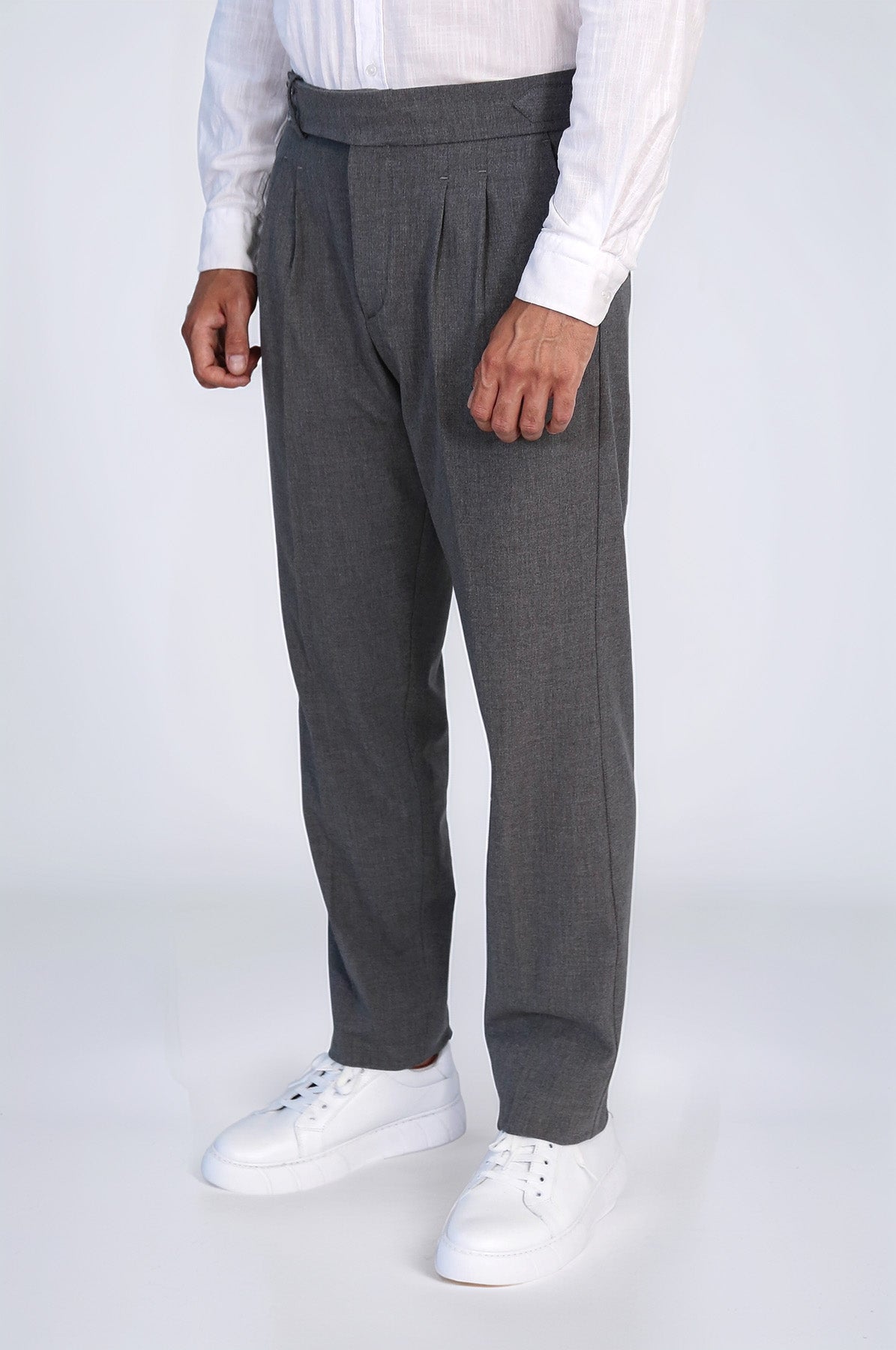 Anthracite Double-Pleated High-Waisted Slim Fit Trousers with Side Buckles – close up view