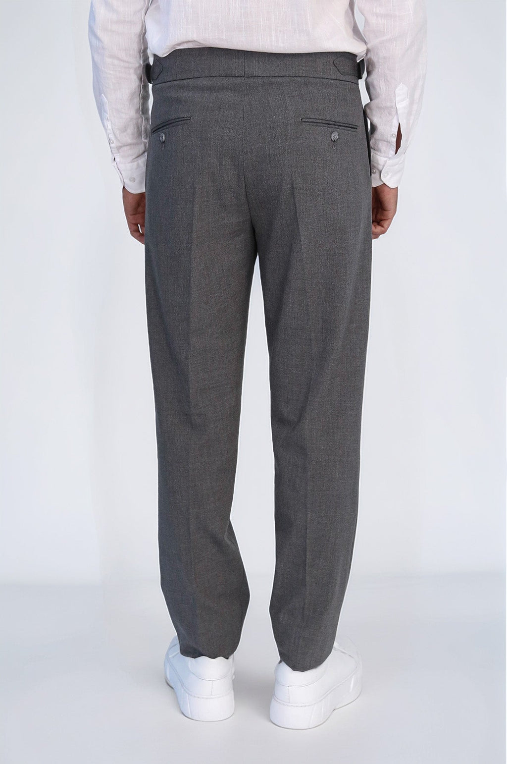 Anthracite Double-Pleated High-Waisted Slim Fit Trousers with Side Buckles – full look view