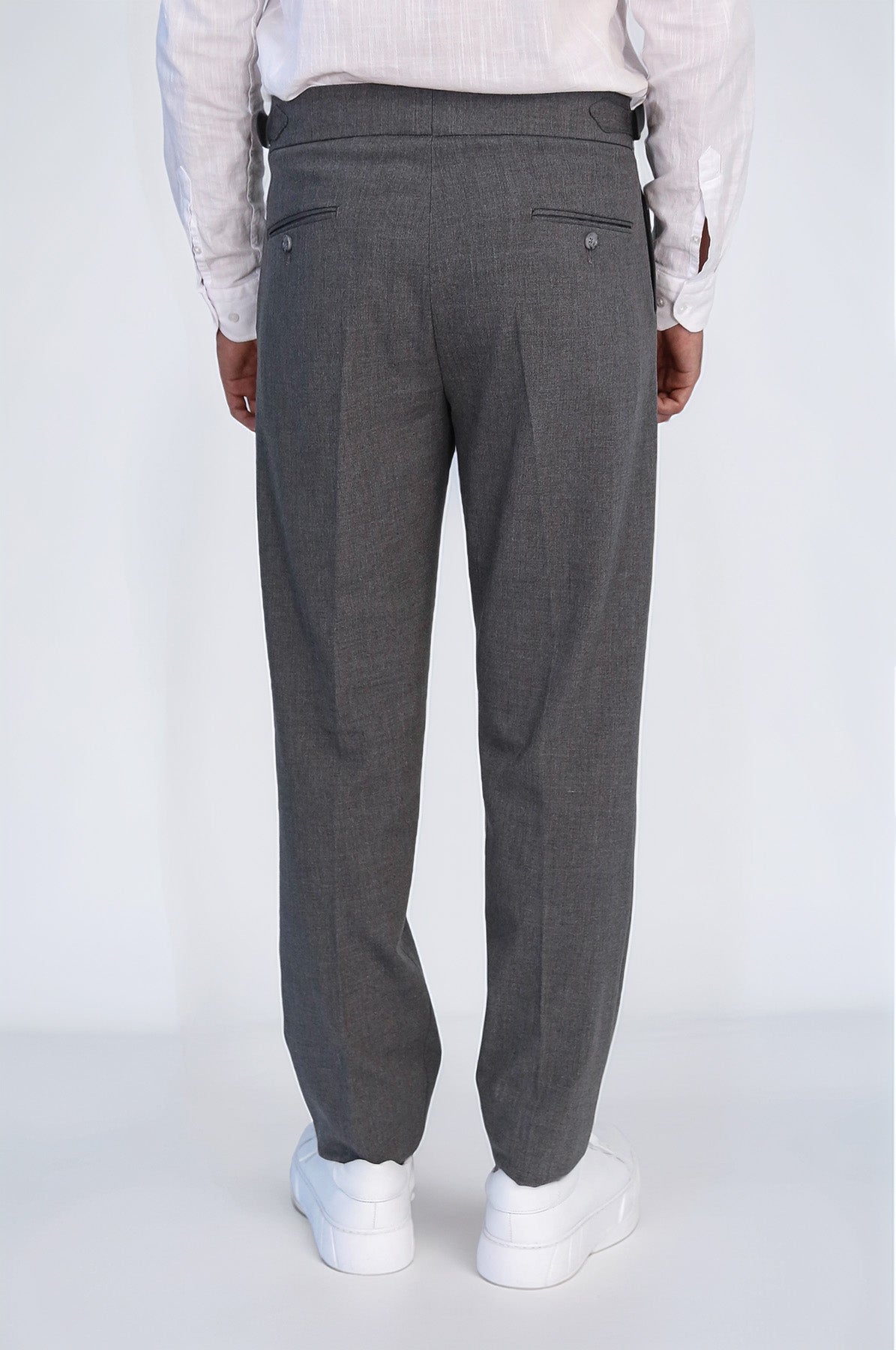 Anthracite Double-Pleated High-Waisted Slim Fit Trousers with Side Buckles – full look view