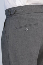 Anthracite Double-Pleated High-Waisted Slim Fit Trousers with Side Buckles – fabric detail view