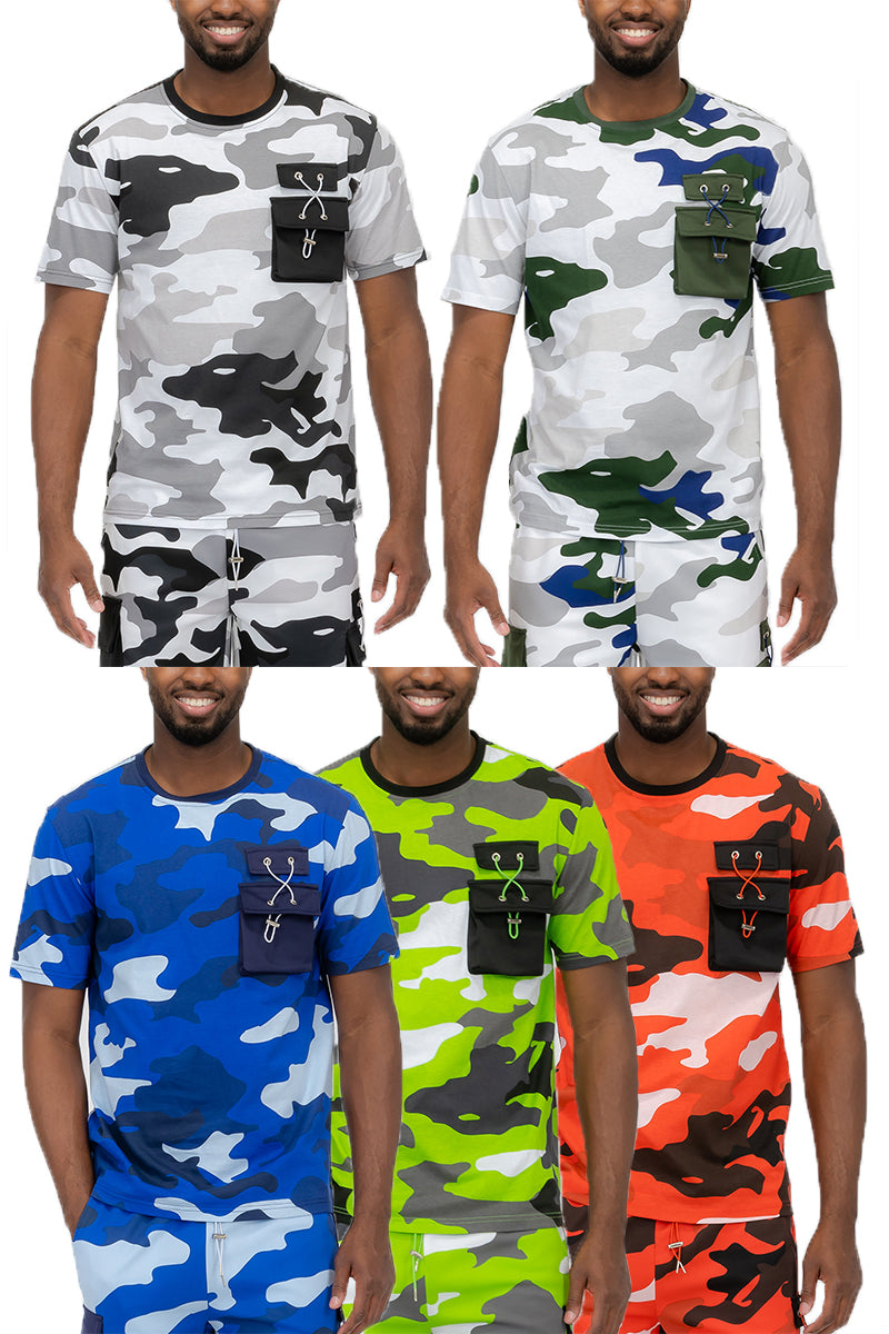 Full Camo Digital Print T-Shirt with Chest Toggle Pocket