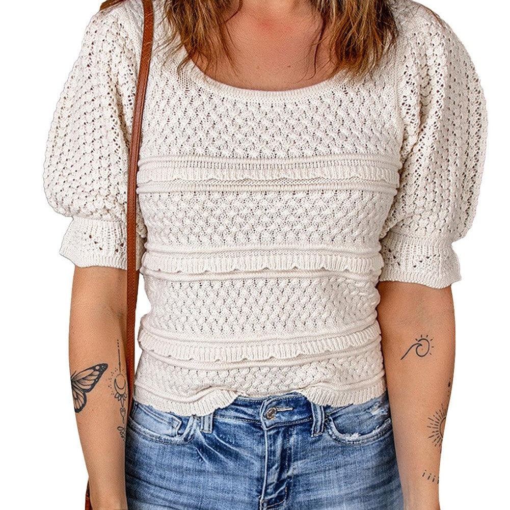 Women's Shirts Apricot Crochet Puff Sleeve Knit Top