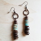 Aqua terra and wood earrings featuring stacked beads in turquoise and earthy tones