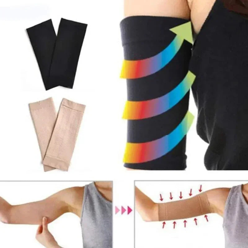 Black and tan arm slimming sleeves for women, stretchy fabric for comfort
