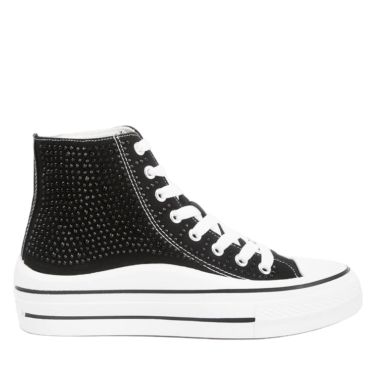 Black high-top sneaker with white laces on a white background