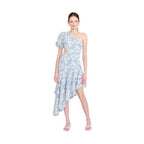 Emory Park asymmetric one shoulder dress in light blue floral design with ruffled hem for stylish summer outings