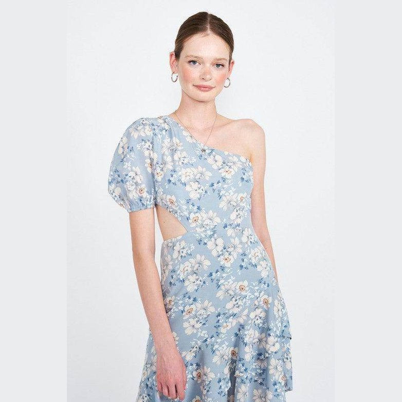 Emory Park asymmetric one shoulder dress in floral print with puff sleeve design and a flowy hem