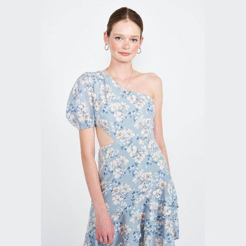 Emory Park asymmetric one shoulder dress in floral print with puff sleeve design and a flowy hem