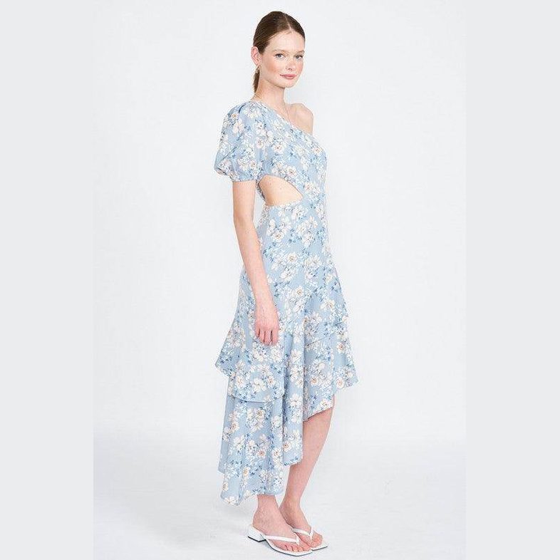 Emory Park asymmetric one shoulder dress in floral design with layered hem and cutout detail