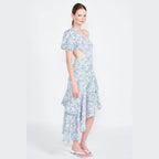 Emory Park asymmetric one shoulder dress in floral design with layered hem and cutout detail